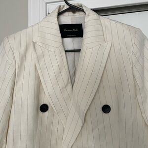 NWOT MASSIMO DUTTI Linen Double Breasted Pinstripe Blazer In White/Navy (Size 4)